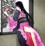  bangs black_hair blunt_bangs bush camellia flower hime_cut japanese_clothes kimono long_hair obi original sakamoto_mineji sash side_slit snow solo 