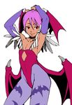  1girl alternate_color armpits capcom dark_skin demon_girl demon_wings female flat_chest flat_color lilith_aensland pink_hair red_eyes short_hair simple_background smile solo succubus vampire_(game) white_background wings 
