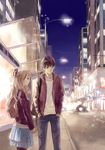  1girl bag black_hair blonde_hair blurry bokeh bus_stop car city curly_hair depth_of_field ground_vehicle hands_clasped hands_in_pockets lamppost looking_away motor_vehicle night original own_hands_together pantyhose road selina skirt sky street vanishing_point 