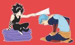  black_hair blue_hair bui fan harisen hiei_(yuu_yuu_hakusho) kneeling male_focus multiple_boys red_eyes sitting third_eye toujou_sakana yuu_yuu_hakusho 