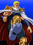  armor blonde_hair cape highres hokuto_no_ken knee_pads male_focus manly minakami_azuki muscle pauldrons solo souther spikes wristband 