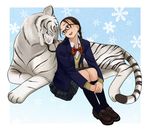  blazer braid glasses hair_over_shoulder jacket long_hair luna2 new_year original school_uniform skirt smile snowflakes solo tiger twin_braids white_tiger 
