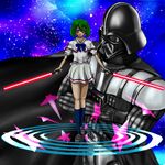  1girl 80s crossover darth_vader dress dual_wielding energy_sword green_hair holding king_onanion lightsaber macross macross_frontier oldschool ranka_lee school_uniform serafuku sith star_wars sword weapon yellow_eyes 