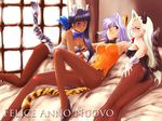  animal_ears ass biruteratai black_hair black_leotard blonde_hair blue_eyes dark_skin fang glasses italian lavolpe_(yagisaka_seto) legs leotard long_hair multiple_girls new_year orange_leotard original pantyhose playboy_bunny_leotard purple_hair short_hair sidelocks tail tiger_ears tiger_tail translated very_long_hair white_leotard yagisaka_seto 