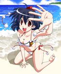  :d adapted_costume arm_support armpits bad_feet barefoot beach bikini black_hair blush breasts cleavage day foreshortening hands hat kneeling looking_at_viewer medium_breasts open_mouth outstretched_hand red_eyes shameimaru_aya short_hair side-tie_bikini smile solo swimsuit tokin_hat touhou warugaki_(sk-ii) 