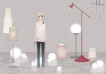  ahoge axis_powers_hetalia blonde_hair casual kimura_daisuke lamp male_focus norway_(hetalia) off_shoulder socks solo standing sweater 