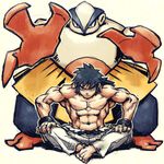  &gt;:( abs barefoot black_hair closed_mouth elite_four fighting_stance frown full_body gen_3_pokemon hariyama long_hair looking_at_viewer low_ponytail lowres male_focus manly meimaru_inuchiyo muscle pants pokemon pokemon_(creature) ponytail shiba_(pokemon) shirtless simple_background sitting torn_clothes v-shaped_eyebrows white_pants wrist_cuffs 
