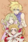  2boys asu_(asoras) blonde_hair braid cloud_strife copyright_name dissidia_final_fantasy final_fantasy final_fantasy_iii final_fantasy_vi final_fantasy_vii green_hair hairdressing multiple_boys onion_knight orange_background spiked_hair tina_branford twin_braids 