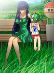  bad_id bad_pixiv_id barefoot bench blue_hair breasts bus_stop child cleavage cup drinking_straw furude_rika grass green_eyes green_hair green_skirt higurashi_no_naku_koro_ni large_breasts long_hair multiple_girls nannore older ponytail purple_eyes shaved_ice short_hair sitting skirt sonozaki_mion younger 