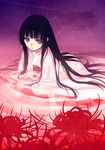  all_fours bangs black_hair blunt_bangs enma_ai flower futaba_jun hime_cut japanese_clothes jigoku_shoujo long_hair red_eyes silk solo spider_lily spider_web water 