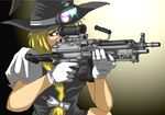  blonde_hair bow braid derivative_work gloves gun hair_bow hat junkei kirisame_marisa m249 machine_gun military_operator solo touhou weapon white_gloves witch_hat 