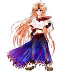  alcohol blonde_hair breasts buruma chain cuffs cup geta grin hazuki_kasane highres horn hoshiguma_yuugi large_breasts long_hair midriff navel pointy_ears red_eyes sakazuki sake sandals see-through skirt smile solo touhou transparent_background very_long_hair 