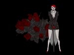  breasts dark flower formal grey_skin jacket lips medium_breasts meiko monochrome pencil_skirt red red_hair rose rq short_hair skirt skirt_suit solo spot_color suit vocaloid 