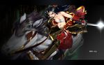  armor black_hair bowalia brown_eyes fingerless_gloves gloves hair_ornament highres horse horseback_riding japanese_clothes katana muscle original riding sarashi solo sword wallpaper weapon 