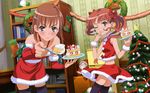  2girls blush brown_hair cake christmas female food fruit highres indoors misaka_mikoto multiple_girls ribbon shirai_kuroko short_hair strawberries strawberry to_aru_kagaku_no_railgun to_aru_majutsu_no_index 