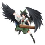  absurdres asymmetrical_clothes black_hair bow cape full_body green_bow hair_bow highres hullzion long_hair mismatched_footwear red_eyes reiuji_utsuho skirt solo touhou transparent_background wings 
