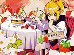  bad_id bad_pixiv_id blonde_hair cake cherry copyright_request cup flower food fork fruit haruo_(clownberry) knife mug nail_polish pastry ponytail purple_eyes red_nails sitting solo strawberry table 