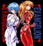  ass ayanami_rei blue_eyes blue_hair bodysuit long_hair looking_back multiple_girls natsuno_suika neon_genesis_evangelion orange_hair plugsuit red_eyes short_hair souryuu_asuka_langley white_bodysuit 