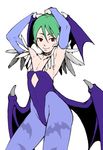  1girl alternate_color armpits capcom demon_girl demon_wings female flat_chest flat_color green_hair lilith_aensland red_eyes short_hair simple_background smile solo succubus vampire_(game) white_background wings 