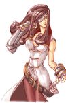  1girl adjusting_hair beatrix belt breasts brown_eyes brown_hair eyepatch female final_fantasy final_fantasy_ix gauntlets long_hair nepon1701 pantyhose simple_background solo sword weapon white_background 