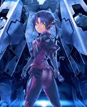  ass black_hair bodysuit breasts cross_(xenoblade_x) doll_(xenoblade_x) from_behind headgear looking_back mecha nanakusa purple_bodysuit small_breasts solo twintails xenoblade_(series) xenoblade_chronicles_x yellow_eyes 