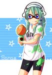  :p aiming_at_viewer animal_print bike_shorts blue_eyes blush breasts character_name contemporary cosplay domino_mask frog_print green_hair hair_ornament hair_tubes headphones inkling inkling_(cosplay) kochiya_sanae long_hair mask nitizyo paint_splatter ponytail shirt small_breasts snake_hair_ornament solo splatoon_(series) splatoon_1 super_soaker t-shirt tongue tongue_out touhou water_gun 