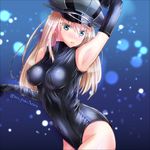  alternate_costume arm_at_side arm_up armpits bismarck_(kantai_collection) blonde_hair blue_eyes breasts colored_eyelashes covered_nipples detached_sleeves hat hoshiyuki_aruru kantai_collection large_breasts leotard long_hair looking_at_viewer parted_lips peaked_cap solo 