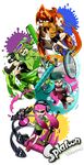  2girls baseball_cap beanie bike_shorts domino_mask dynamo_roller_(splatoon) echolocator_(splatoon) fangs green_shirt hat headphones highres inkling jacket killer_wail_(splatoon) kraken_(splatoon) long_hair mask multiple_boys multiple_girls octobrush_(splatoon) one_eye_closed open_mouth paint_roller paintbrush pointy_ears sakuryuu@crimson shirt ski_goggles smile splat_roller_(splatoon) splatoon_(series) splatoon_1 sprinkler_(splatoon) squid_beakon_(splatoon) suction_bomb_(splatoon) sweater tentacle_hair 