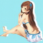  bangs bikini breasts brown_eyes brown_hair choker flower hairband idolmaster idolmaster_cinderella_girls long_hair looking_at_viewer medium_breasts mizuki_hau nitta_minami parted_bangs side-tie_bikini sitting smile solo swimsuit venus_syndrome 