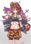  absurdres artist_name bare_shoulders bat_wings belt brown_hair bullet cowboy_hat gloves grey_background gun hair_between_eyes hair_ribbon halloween halloween_costume handgun happy_halloween hat headband high_ponytail highres house kantai_collection looking_at_viewer low_wings midriff mini_hat muneate navel orange_eyes puffy_sleeves pumpkin pumpkin_pants revolver ribbon shorts shuutou_haruka signature silhouette solo standing weapon wings zuihou_(kantai_collection) 