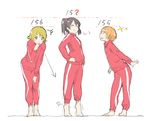  black_hair blonde_hair directional_arrow hand_to_own_mouth hands_on_hips height_chart highres hoshizora_rin kasa_list koizumi_hanayo love_live! love_live!_school_idol_project multiple_girls open_mouth orange_hair short_hair smug sparkle sportswear tiptoes trembling triumph_(expression) twintails white_background yazawa_nico 