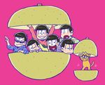  bad_id bad_pixiv_id black_hair brothers cat esper_nyanko food fruit heart heart_in_mouth male_focus matsuno_choromatsu matsuno_ichimatsu matsuno_juushimatsu matsuno_karamatsu matsuno_osomatsu matsuno_todomatsu messy_hair multiple_boys one_eye_closed open_clothes osomatsu-kun osomatsu-san parody pear pink_background salute sazae-san sextuplets shinonoko_(tubamecider) siblings simple_background smile sunglasses two-finger_salute v 