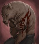  anthro blood blood_on_arm blood_on_hand brown_eyes brown_fur brown_nose canine childofdune claws clothed clothing detailed digital_media_(artwork) fur half-dressed hand_on_arm looking_at_viewer male mammal muscular pants scene side_view simple_background solo standing topless were werewolf wounded 