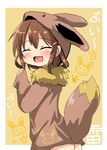  :d blush brown_hair closed_eyes commentary_request eevee eevee_ears eevee_tail fang gen_1_pokemon hair_ornament hairclip highres ikazuchi_(kantai_collection) kantai_collection open_mouth oshiruko_(uminekotei) pokemon pokemon_(creature) short_hair smile solo 