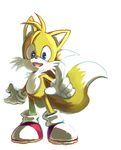  anthro black_nose blue_eyes canine clothing footwear fox fur gloves happy male mammal miles_prower solo sonic_(series) tetora video_games white_fur yellow_fur 