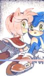  1boy 1girl amy_rose anthro black_nose clothing duo footwear furry gloves green_eyes hair hanybe headband hedgehog mammal pink_hair sega sonic sonic_(series) sonic_the_hedgehog video_games 