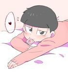  :3 bad_id bad_twitter_id black_eyes black_hair bowl_cut condom condom_in_mouth half-closed_eyes heart looking_at_viewer lying male_focus matsuno_todomatsu mouth_hold mua_(sleeping_earth) on_bed on_stomach osomatsu-kun osomatsu-san smile solo spoken_heart sweater upper_body 