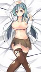  arm_up blush breasts breasts_apart brown_legwear cleavage collarbone green_eyes green_hair groin hair_ornament hairclip harenchi highres kantai_collection large_breasts long_hair looking_at_viewer lying navel nipples no_panties on_back open_clothes open_shirt pleated_skirt rei_no_himo school_uniform shirt skirt solo suzuya_(kantai_collection) thighhighs torn_clothes torn_legwear 