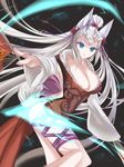  animal_ears blue_eyes breasts cleavage detached_sleeves erune fan fur_trim granblue_fantasy highres large_breasts long_hair marionette_(excle) silver_hair socie_(granblue_fantasy) solo tail very_long_hair wolf_ears 