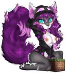  2014 anthro areola blush bottomless breasts chest_tuft clothed clothing collar feline female fur grey_fur hair half-closed_eyes half-dressed hi_res inner_ear_fluff looking_at_viewer mammal myett-wrath nipples open_mouth open_shirt purple_hair shirt solo tuft 
