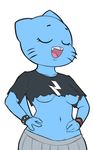  anthro blue_fur bracelet breasts cat clothed clothing eyes_closed fangs feline female fur half-shirt hi_res jewelry mammal mature_female mother nicole_watterson nipple_slip open_mouth parent shamelesss solo the_amazing_world_of_gumball under_boob 