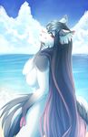  2015 almandinia beach blue_eyes breasts chloe-dog digital_media_(artwork) feline female hair head_tilt inner_ear_fluff long_hair looking_at_viewer looking_back mammal nipples nude outside rear_view sea seaside smile solo standing water 