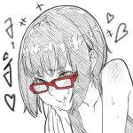  1girl bare_shoulders black_eyes black_hair blush closed_mouth cum cum_in_mouth deathwingxiii eyebrows_visible_through_hair glasses greyscale hatching heart monochrome original simple_background sketch solo spot_color swallowing white_background 