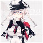  blonde_hair blue_eyes breasts capelet cup eules gloves graf_zeppelin_(kantai_collection) hat highres kantai_collection large_breasts long_hair peaked_cap solo twintails uniform 