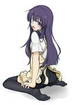  absurdres apron blush from_behind highres kazenoko long_hair looking_at_viewer looking_back open_mouth purple_hair simple_background sitting smile solo thighhighs uniform wariza white_background working!! yamada_aoi 