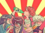  bad_id bad_twitter_id bandage_over_one_eye black_hair blush bottle brown_hair drinking drunk gintama hand_on_shoulder jacket katsura_kotarou long_hair looking_at_another male_focus multicolored multicolored_background multiple_boys oldschool rumdaword sakamoto_tatsuma sakata_gintoki scarf smile sunburst takahashi_rumiko_(style) takasugi_shinsuke upper_body white_hair 