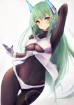  ass_visible_through_thighs bad_id bad_pixiv_id bangs blush bodysuit borrowed_character breasts cleavage closed_mouth covered_navel cowboy_shot crop_top fingerless_gloves gloves green_hair headgear highres inaba_sunimi long_hair looking_at_viewer medium_breasts menou_kaname original purple_eyes shorts simple_background sleeveless smile solo thigh_gap very_long_hair white_gloves white_shorts 