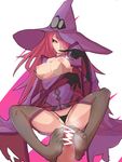  1girl bar_censor black_sclera blazblue blazblue:_central_fiction breasts censored feet footjob hat hetero highres infraton konoe_a_mercury large_breasts long_hair nipples partially_translated penis red_hair simple_background solo_focus thighhighs thighs thong translation_request white_background witch_hat yellow_eyes 