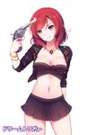  bandeau bracelet breasts cleavage collarbone copyright_name derivative_work dream_trigger euforia finger_on_trigger gun gun_to_head head_tilt holding holding_gun holding_weapon jewelry looking_at_viewer love_live! love_live!_school_idol_project medium_breasts navel nishikino_maki photo-referenced pile_(seiyuu) purple_eyes red_hair seiyuu_connection short_hair simple_background skirt solo strapless weapon white_background 