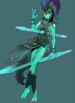  armor barefoot black_hair blue_skin bracelet breasts covered_navel glowing glowing_eyes helmet jewelry kalista league_of_legends long_hair medium_breasts polearm scofa simple_background solo spear weapon 